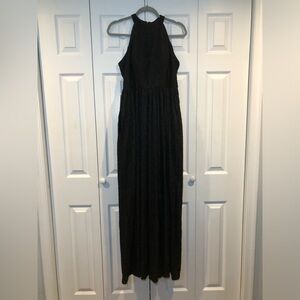 Elegant Round Neck Black Halter Maxi Dress With Pockets
